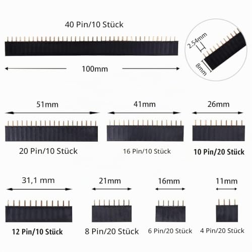 GTIWUNG Pack of 128 2.54 mm Straight Single Row Board Female Stackable Socket Strip Pin Header Connectors (4/6/8/10 Pin Each 22 Pieces + 12/16/20/40 Pin 10 Pieces)