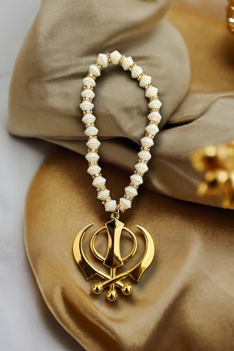 Santosh Jewellers™ Sikh Religious Symbol Khanda Sahib Idol Gold Plated for Home Décor Car Dashboard Rear Mirror Mandir Pooja Murti Temple Puja Office Table Showpiece, Large, Golden
