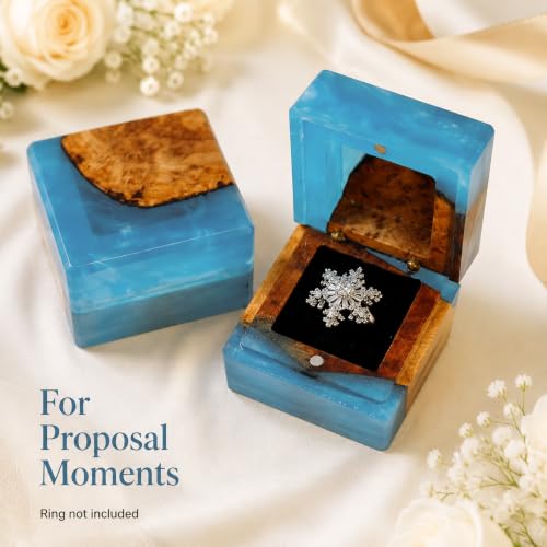 Wedding Ring Box for Proposal with Single Slot, Handcrafted, Made of Wood and Resin, Wedding Ceremony, Jewelry Organizer Light Blue