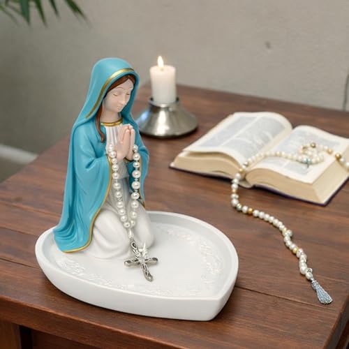 Mother Mary Rosary Virgin Holder 5.9'' Blessed Statue, Our Lady Prayer Stand Figurine for Jewelry, Resin Sacred Sculptures, Religious Decoration, Ideal Catholic Gift, Home Decor & Personal Devotional