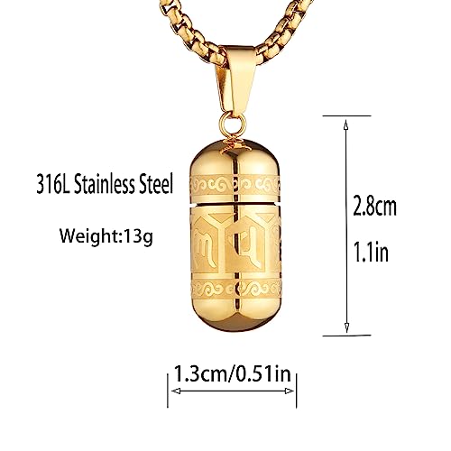 STWTR Tibetan Buddhist Meditation Stainless Steel Pendant Memorial Cremation Grey Pill Container Necklace for men and women with 23.6 "+1.9" necklace Gold