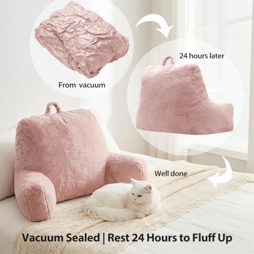Reading Pillow for Sitting in Bed Adult – Back Support with Arms, Large Bed Rest Cushion for Reading, TV, Gaming, Laptop – Home, Office, Dorm, Pink