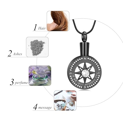 I'd be lost without you - Cremation Jewelry for Ashes Pendant - Compass Urn Necklace with Mini Keepsake Urn Memorial Ash Jewelry Loved One Black