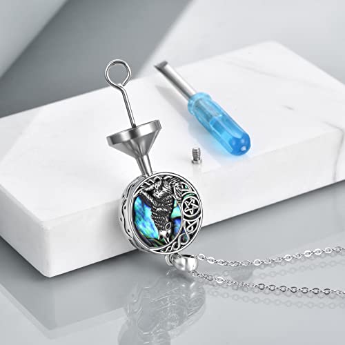 POPLYKE Sterling Silver Wolf Necklace Gifts for Women Celtic Knot Wolf Moon Pendant Necklace Jewelry for Men 18+2'' Wolf Urn (Abalone)