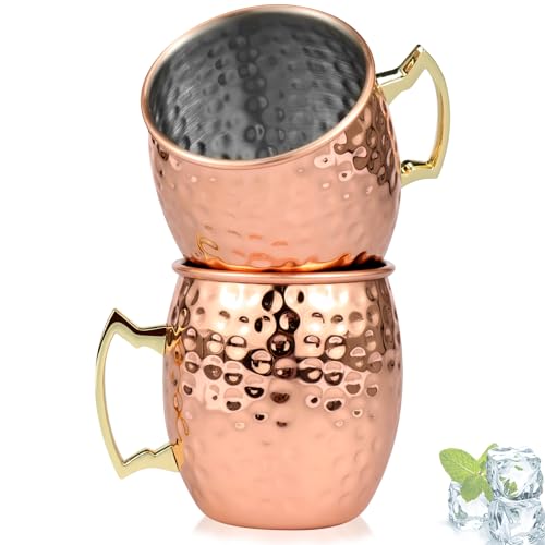 Moscow Mule Mugs Set of 2, 16 oz Hammered Copper Cups with Gold Brass Handles, Large Capacity Cups Gifts Perfect for Cold Drinks, Beer, Cocktail, Wine, Bars(16oz) (Pack of 2) 16oz (Pack of 2)