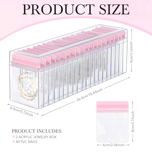 Kenning 42 Pcs Acrylic Jewelry Case Organizer, Clear Jewelry Organizers Holder with Portable Anti Tarnish Storage Bags for Rings, Earrings, Necklaces, Ideal Gifts for Women (Pink) Pink