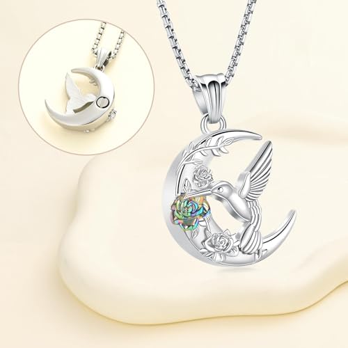 Minicremation Hummingbird Moon Rose Urn Necklace for Ashes for Women Men Memorial Cremation Jewelry Keepsake Pendant for Loved Ones Rainbow