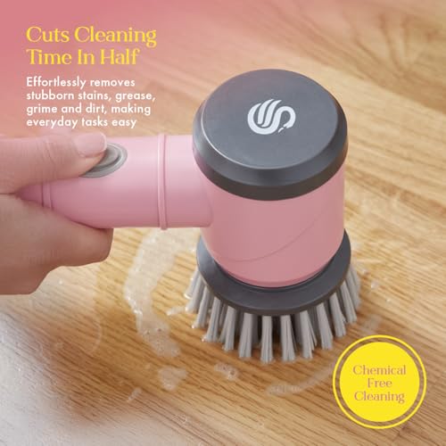 Swan x Lynsey TV's Queen of Clean 5-in-1 Cordless Spin Scrubber with 5 Cleaning Heads & Wall Holder, Rechargeable Scrubbing Brush, IPX5 Waterproof for Showers, Hobs & Tiles, Pink, SWFC1003QOCN