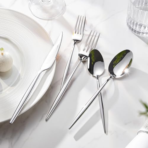 Kingstone 20-piece stainless steel silverware set for 4, includes forks, knives, spoons, and teaspoons in a sleek flatware design.