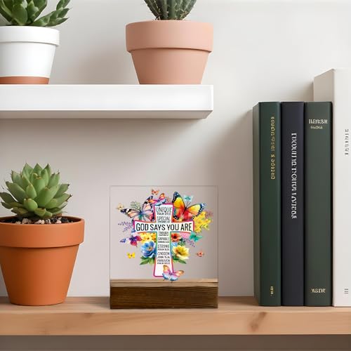 God Says You Are Cross Butterfly Acrylic Sign With Wooden Stand Multicolor 2