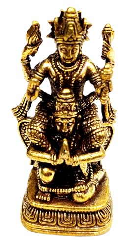 Purpledip Rare Miniature Brass Idol Vishnu with His Mount Garuda: Collectible Statue with Detailed Very Fine Workmanship (12698S)
