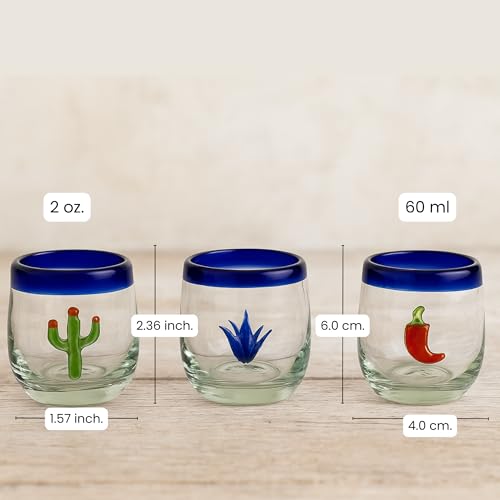 Corazón Bonito Handblown Tequila Shot Glass with Blue Cobalt Rim, Hand-Crafted Mexican Design Cactus, Agave and Chile, Set of 6 (2 oz each)