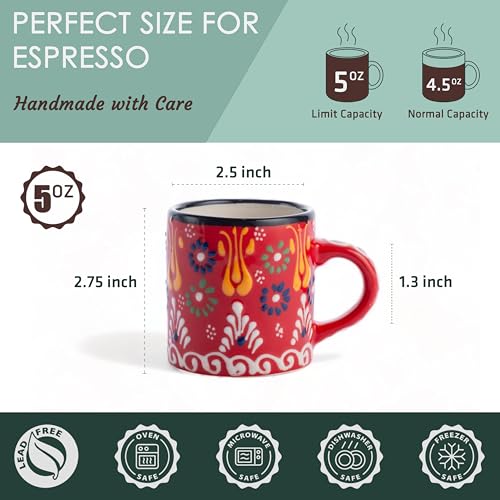 Ceramic Espresso Cups, 5 Oz Espresso Cups Set of 4, Handmade Espresso Cup, 2.75 Inch Espresso Mugs, Multicolor Demitasse Cups, Microwave & Dishwasher Safe Espresso Mugs, Coffe Mug (SULTAN'S GARDEN) SULTAN'S GARDEN