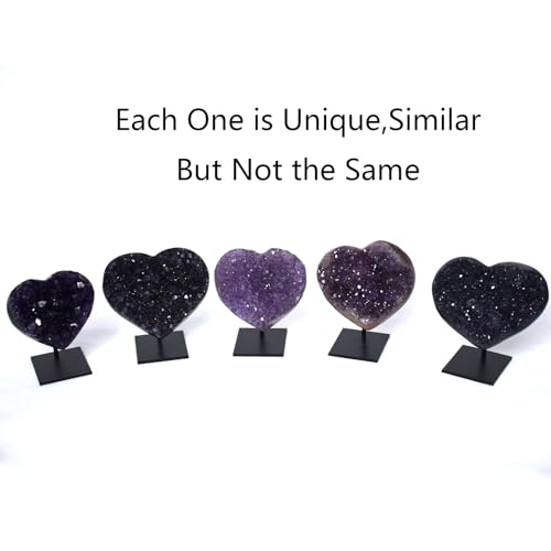 JIC Gem Deep Purple Amethyst Cluster Natural Druzy Heart 3.5" AA Color Beautiful Amazing Geodes Spiritual Healing Home and Office Decor with Base 3.5"