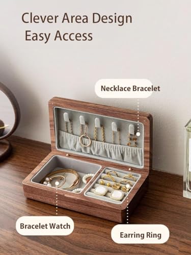 Small Wooden Jewelry Box, Vintage Delicate Walnut Wood Jewelry Case, Ideal Gift for Man Women, Protable Travel Jewelry Organizer (Gray, Small) Gray