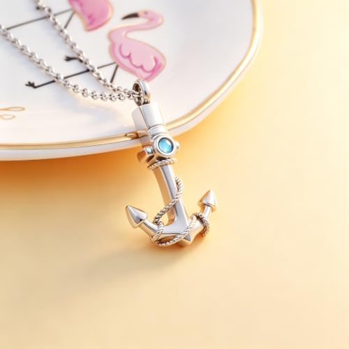 Anchor Urn Necklaces for Human Ashes Navy Cremation Jewelry Ocean Theme Memorial Keepsake Urn Pendant Necklace for Men Women Silver