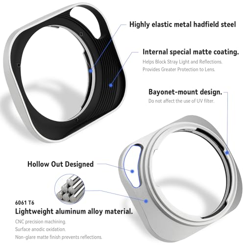 Haoge LH-ZV06P Lens Hood for Carl Zeiss Distagon T 2.8/21 21mm f2.8 ZM, C Biogon T 4.5/21 21mm f4.5 ZM, 2.8/25 25mm f2.8 ZM, 2.8/28 28mm F2.8 ZM, C Sonnar T 1.5/50 50mm f1.5 ZM Hollow Out Designed [Square - Silver - Hollow Out Designed]
