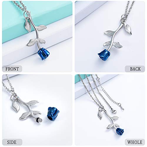 shajwo Rose Flower Urn Necklace Cremation Jewelry for Ashes Silver+blue