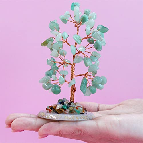 Green Aventurine Healing Crystal Tree of Life Natural Gemstone Agate Slice Base Copper Wire Wrapped Money Trees Feng Shui Spiritual Energy Decorations Home Office Room Desk Decor Gifts for Women Men Green Aventurine