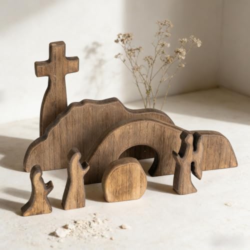 NEROSUN Empty Tomb Easter Scene and Cross Decoration, Wooden Jesus Resurrection Nativity Set, Religious Christian Tabletop Decor for Home Office Christian Wooden Empty Tomb