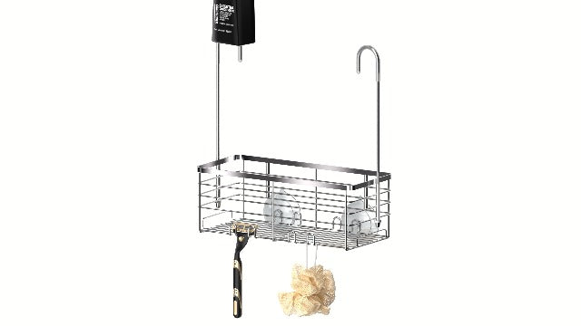 SHANSHUI Shower Hanging Caddy, Bathroom Shower Organizer Basket, Shampoo Bracket, Over Door Showers Rack with Hooks, 304 Stainless Steel Rustproof 11"D x 4.7"W x 13.6"H