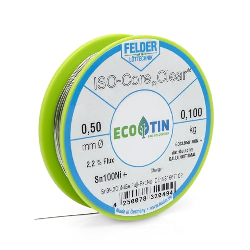 Galunoptimal Solder Tin ISO Core Soldering Wire Clear Sn100Ni+ Sn99.3CuNiGe 0.5 mm on 100 g Spool Made by Felder GmbH in Germany