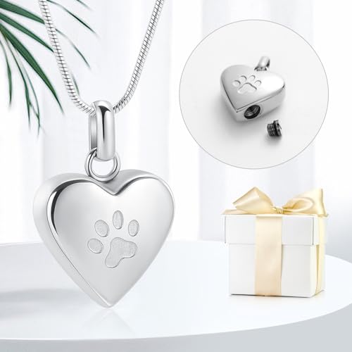 Pet Cremation Jewelry - Paw Print & Heart Urn Pendant Necklace Memorial Keepsake for Dog's & Cat's Ashes Silver