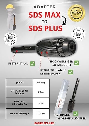 WERHE SDS-Max to SDS-Plus Adapter Chrome Vanadium Steel for Hammer Drills | Sandblasted surface, rust protection, tool-free assembly, rubber protection, for drills, chisels, core drills, length 25 cm Adapter Sds Max to SDS Plus