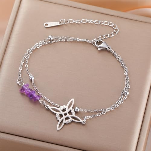 LIKGREAT Witches Knot Bracelet with Amethyst Crystal for Women sliver