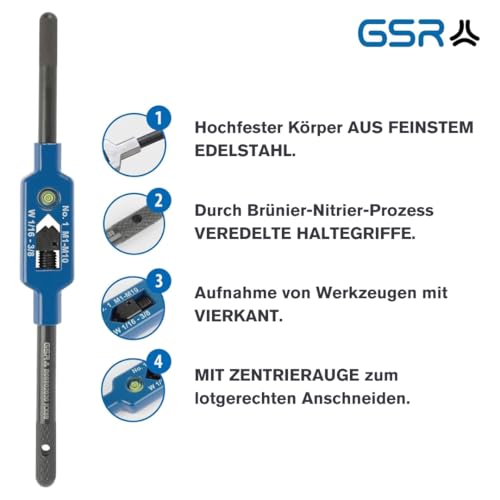 GSR Steel Tap Wrench with Centering Eye, Silver (Size 1 | M1 - M10), Holder for Taps, Square Socket, Made of High-Quality Stainless Steel, Adjustable Steel Tap Wrench Size 1 (M1-M10)