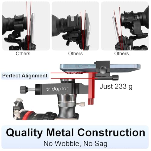 tridaptor - Universal Digiscoping Adapter | High-Precision Phone to Telescope 3-Axis Metal Holder Mount for Spotting Scope Monocular Microscope|Fits 2.4" Eyepiece Max&Most Cell Phone Camera TRIDAPTOR (without Bluetooth)