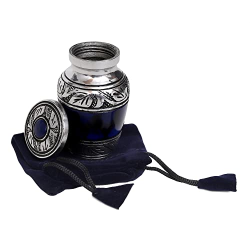 HLC Blue Hand Engraved Small Keepsake urn - Cremation Urn with 1 Velvet Box Bag, 3 cu.in Aluminium, Lovely Blue Pattern, Polished Finish, Decorative Urn