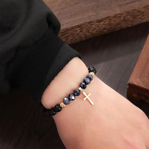 YANCHUN Cross Beaded Bracelet for Men Mens Cross Charm Bracelets Adjustable Jesus Faith Religious Easter Catholic Communion Baptism Christmas Jewelry Gift for Men A1