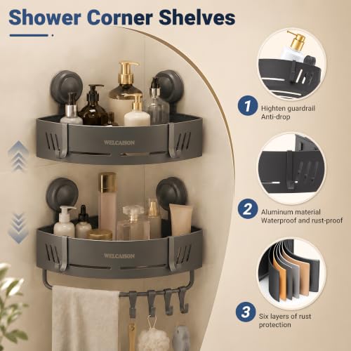 2-Pack Shower Caddy Corner Suction Cup Towel With Bar &Hooks-Gray Gray