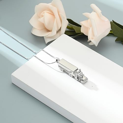 shajwo 18 Wheeler Semi Truck Urn Necklace for Ashes for Men Women Cremation Jewelry of Loved Ones Memorial Locket Pendant Silver