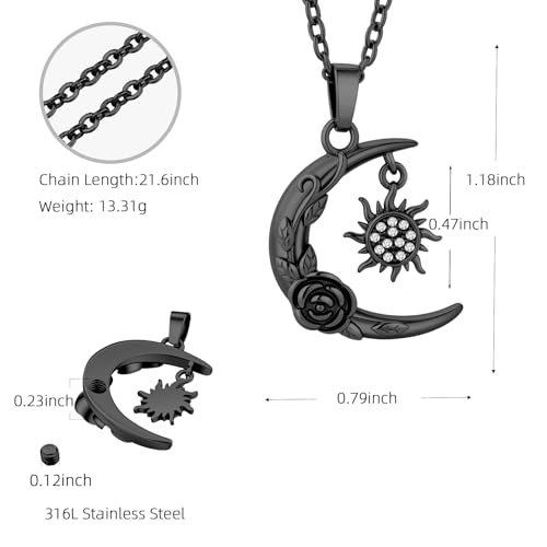 Cremation Jewelry for Ashes Pendant Urn Necklace Moon and Sun and Rosewith Mini Keepsake Human for Women Men Loved Ones Black