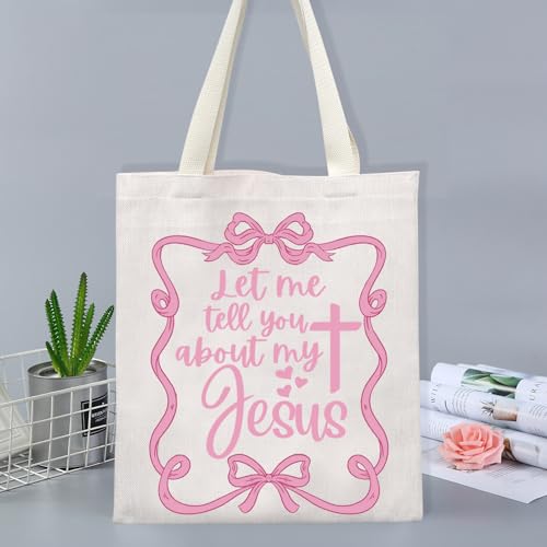 FOTAP Christian Coquette Merch Girly Christian Cross Tote Bag Let Me Tell You About My Jesus Quote Handbag Baptism Religious Gift Myjesus Tuk