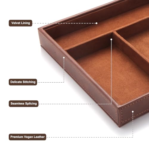TopMade brown valet tray with wireless charging, all-in-one nightstand organizer for men, jewelry tray with compartments