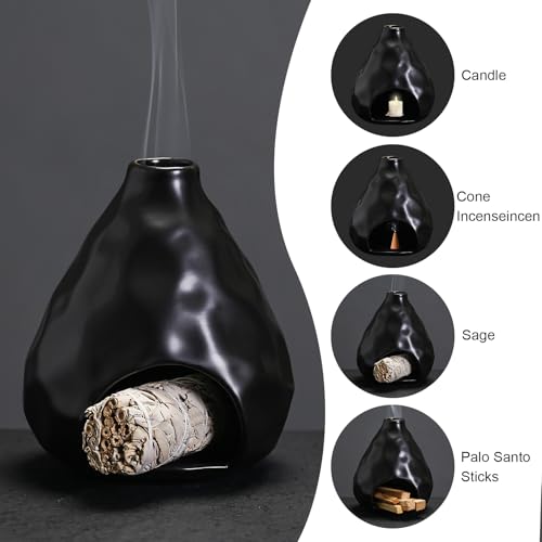 Palo Santo Sticks Holder Ceramic Incense Burner Holder Smudge Bowl for Sage Incense Cone Yoga Spiritual Meditation Room Home Decor Gift Mini Chiminea Ash Catcher Black