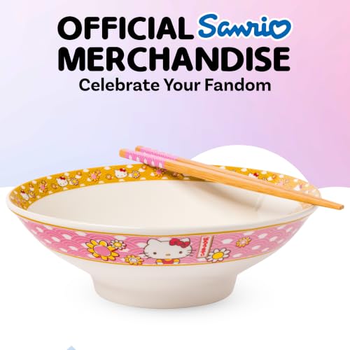 Silver Buffalo Sanrio Hello Kitty Pink, Ramen Bowl with Chopsticks, 30oz 30 Ounces Hello Kitty Waves and Flowers (Big)