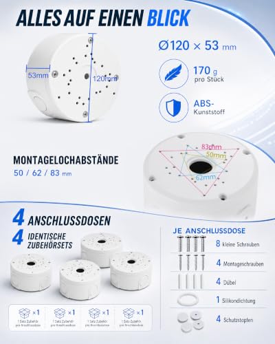 ABS Camera Junction Box Waterproof Pack of 4 for Surveillance Camera | Surveillance camera connection box for indoor and outdoor use, hemispherical for safe and weatherproof camera mounting 4 Stück-White ABS Kunststoff