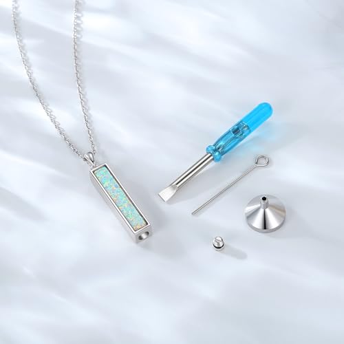 BEILIN Urn Necklaces for Ashes Sterling Silver Vertical Bar Pendant Necklace Cube Memorial Ashes Necklace Opal Cremation Urn Pendant for Women Opal vertical bar