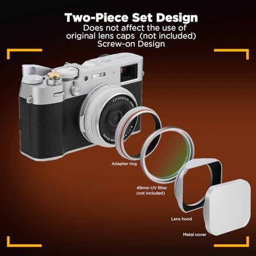 Haoge LH-X200S Square Metal Lens Hood with 49mm Adapter Ring Metal Cap for Fujifilm X100VI x-100vi x100v x100f x100t x100s Fuji Photo Camera Accessories Silver