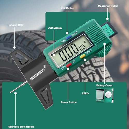 GODESON digital tire tread depth gauge with green body and large LCD screen displaying millimeters, inches, or fractions