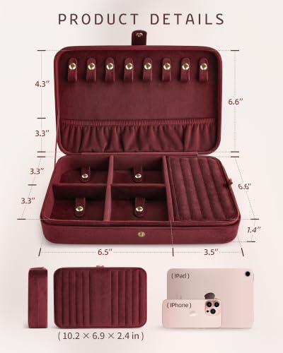 VELORIA Velvet Travel Jewelry Organizer with Hidden Compartment, Dark Red Dark Red Velvet