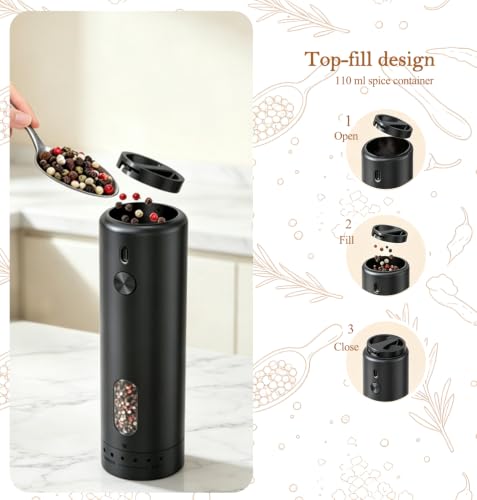Electric Salt and Pepper Mill with USB-C, Adjustable Electric Spice Mill with 110 ml Large Capacity Silo and LED Lighting - Ideal for Kitchen and Table - Single Pack