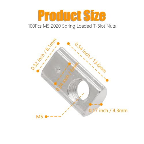 Qjaiune M5 spring T-nuts for 2020 aluminum extrusion, 6mm slot, nickel-plated 100-piece pack