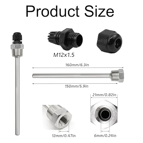 JOYOLA Pack of 2 Immersion Sleeve 304 Stainless Steel Immersion Sleeves 150 mm, G1/2 Inch Thread for Temperature Sensor, Immersion Protection Tubes for Thermocouples, Protective Tube for Temperature