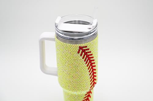 Softball 40 Oz Rhinestone Bling Tumbler Cup with Handle and Straw