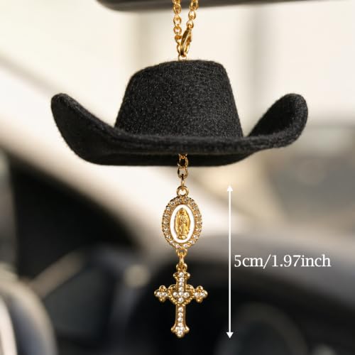 Baptism Car Charm Cowboy Hat Rear View Mirror, Virgin Mary Cross for Car Virgin Mary B